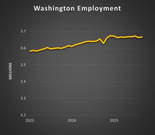 Washington employment trend from 2023 to 2025, showing steady growth.
